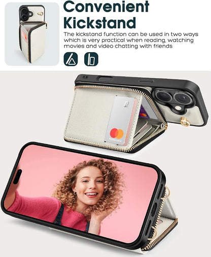 OCASE Compatible with iPhone 16 Crossbody Wallet Case with Card Holder, PU Leather Zipper Handbag Phone Purse with RFID Blocking Kickstand Wrist Strap Lanyard 6.1 Inch, Cream