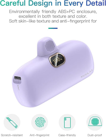 Kuulaa Portable Charger USB C with Built-in USB-C Plug, 5000mAh PD20W Fast Charging Power Bank, LCD Digital Display Battery Pack for iPhone 15/16/17,Samsung S22/S23 & Android (Purple)