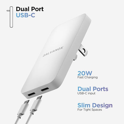 (3 Pack) Galvanox Dual USB-C Flat Wall Charger - Fast Charging Ultra Slim Outlet Plug, Multi Port Type C for iPhone 13, 14, iPhone 15 Pro Max and Samsung Galaxy Phones (20W)