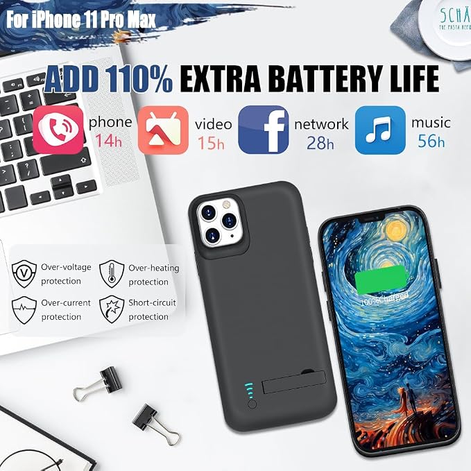 [Upgraded Battery Case for iPhone 11 Pro Max, 6000mAh Rechargeable Extended Battery Charging Charger Case, Add 110% Extra Juice (6.5 Inches) Black