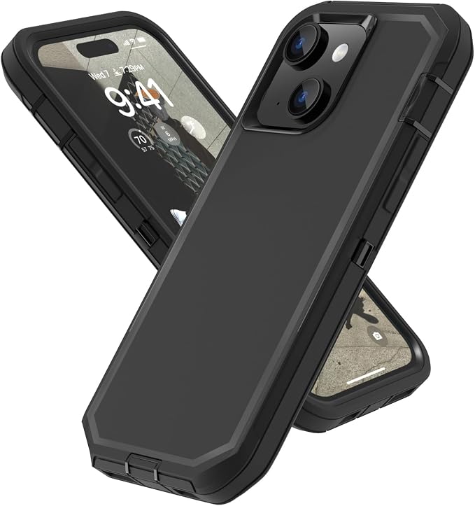 Sansunto for iPhone 16e Case, Protective Cover for 13, 14, 15, 16E 6.1", Heavy Duty Shockproof Drop Proof 3 in 1 Silicone Rubber Cover, Rugged Hybrid Durable Phone Cases for Men & Women (Black)