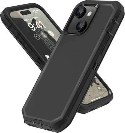 Sansunto for iPhone 16e Case, Protective Cover for 13, 14, 15, 16E 6.1", Heavy Duty Shockproof Drop Proof 3 in 1 Silicone Rubber Cover, Rugged Hybrid Durable Phone Cases for Men & Women (Black)