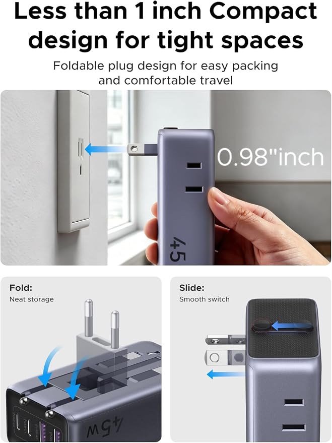 UGREEN 45W Universal Travel Plug Adapter, 6-Port (2 USB-C, 2 USB-A, 2 AC) International Power Adapter, Ultra Thin Power Adapter for 200+ Countries, Worldwide Compact Travel Essentials, Black