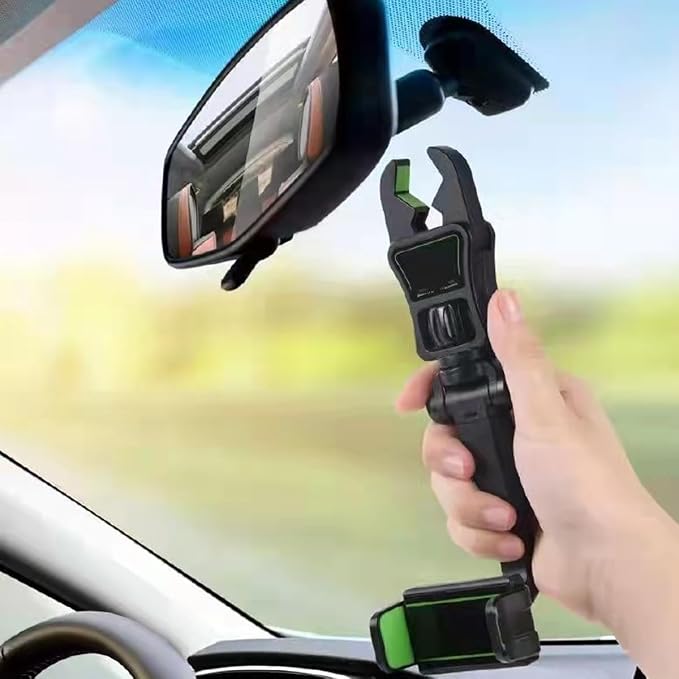 BESULEN Car Rear View Mirror Phone Holder, 360° Rotating Rearview Mirror Phone Mount, ABS Multi-Functional Adjustable Cellphone Holder, Universal Car Phone Holder for All Smartphones (Black/Green)