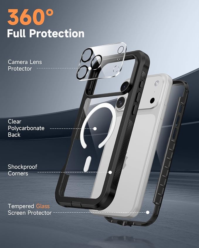 seacosmo for iPhone 17 Pro Max Case, Full Body Bumper with Built-in 9H Tempered Glass Screen and Camera Lens Protector, Compatible with MagSafe, Shockproof 17 Pro Max Phone Case, 6.9", Black