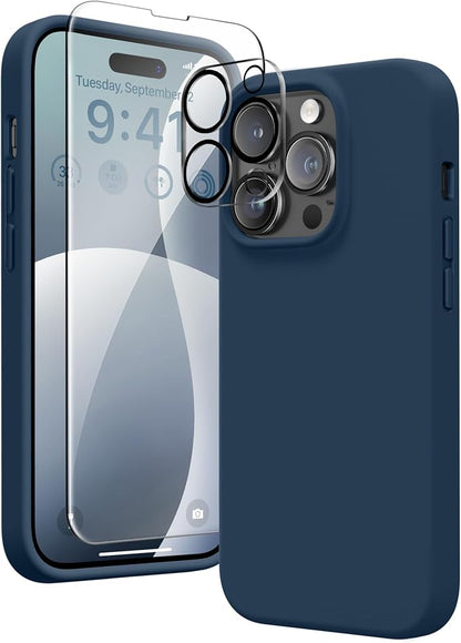 GONEZ for iPhone 14 Pro Case, Compatible with Magsafe, with Screen Protector + Camera Lens Protector, Soft Anti-Scratch Microfiber Lining, Shockproof Liquid Silicone Phone Cover, Dark Blue