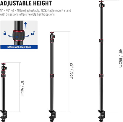 NEEWER Extendable Camera Desk Mount with Ball Head, 17"-40" Adjustable Table Light Stand with 1/4" Screw & C Clamp for DSLR Camera, Ring Light, Live Stream, Vlog, Max Load: 6.6lb/3kg, TL283 (RED)