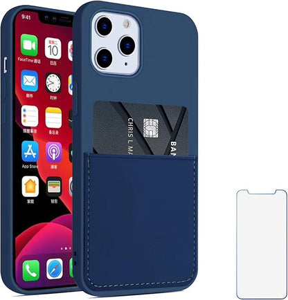 Ultra Slim Liquid Silicon Gel Case Compatible with iPhone 12,for iPhone 12 Pro 6.1 inch 2020 with Card Holder Sleeves Slot Anti-Scratch Shockproof Wallet Cover with Screen Protector(Blue)