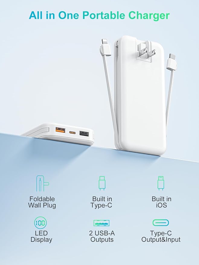 Portable Phone Charger, 10000mAh PD20W Fast Charging Power Bank with Built-in Cables & Wall Plug, External Battery Bank with LED Display, Travel Essential Battery Pack for iPhone, iPad, Samsung White