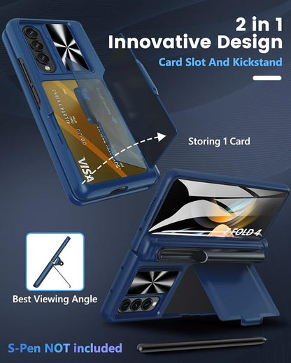 Viaotaily Galaxy Z Fold 4 Case with Card Holder & S Pen Slot & Hinge Protection & Kickstand, Built-in Screen Protector & Slide Camera Lens Cover, Shockproof Case for Samsung Z Fold 4 5G 2022 (Blue)