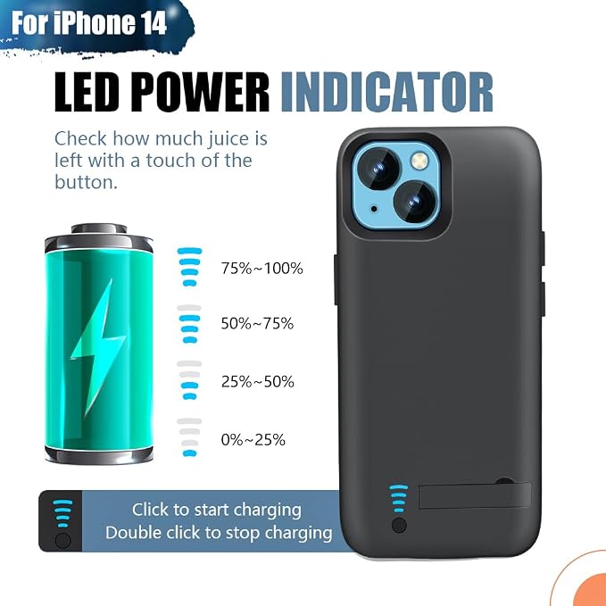 Battery Case for iPhone 14, 5000mAh Rechargeable Extended Battery Charging/Charger Case, Add 100% Extra Juice (6.1 Inches) Black