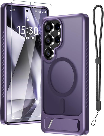 for Samsung Galaxy S25 Ultra Case with Screen Protector+Lanyard Wrist Strap,Magnetic Translucent Matte Rugged Slim Phone Cover Built in Invisible Kickstand [Fit for MagSafe],2025 Purple