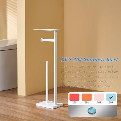 Freestanding Toilet Paper Holder for Bathroom–Stainless Steel Square Tissue Dispenser with Storage Tray & Roll Organizer (White)