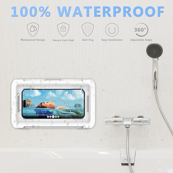 URROY Shower Phone Holder Waterproof, 360° Rotation Shower Phone Case, Anti-Fog High Sensitivity Universal Cover Mount Stand for Bathroom Wall Mirror Bathtub Kitchen, Gift for Men Women