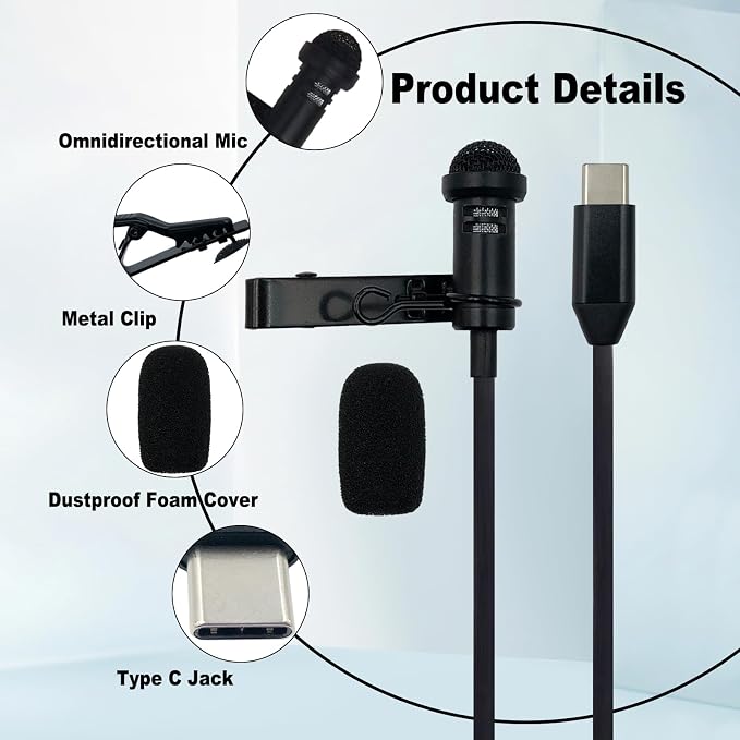 Type C Lavalier Microphone Compatible with iPhone 17/16/15 Pro Max,for Galaxy S25 S24 S23 S22 S21 Smartphone USB C Android Devices, iPad 10 iPad Pro Air 5 4 Computers PC for Live Streaming,3M