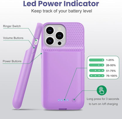 Feob Battery Case for iPhone 13/13 Pro/14,[2025 Upgraded] 7500 mAh Ultra-Slim Portable Extended Charger Cover for iPhone 13/13 Pro/14 Charging Case (6.1 Inch)-Purple