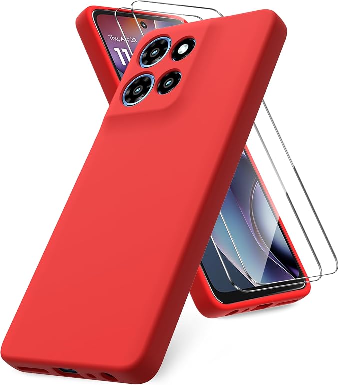 for Motorola Moto G 2025 Case, 2 Pack Tempered Glass Screen Protectors, Soft TPU Liquid Silicone Shockproof Gel Case-Red