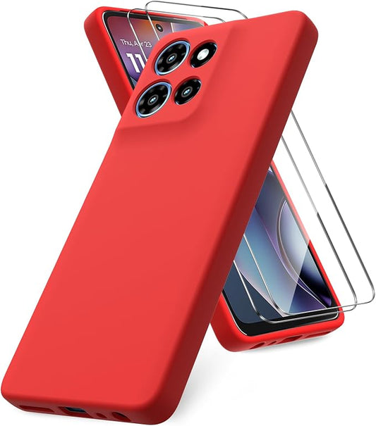 for Motorola Moto G 2025 Case, 2 Pack Tempered Glass Screen Protectors, Soft TPU Liquid Silicone Shockproof Gel Case-Red