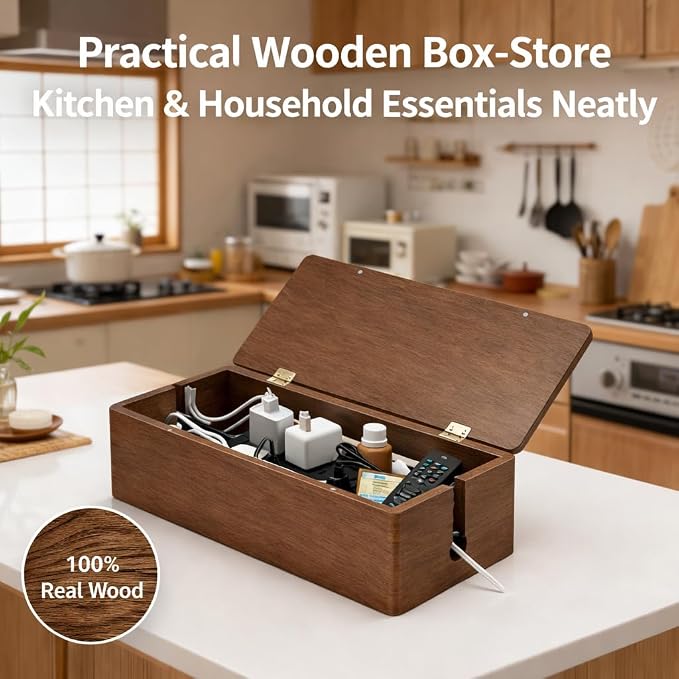 Real Wood Cable Management Box - Minimalist Home Office Decor - Walnut Finish Cord Organizer to Hide Wires & Power Strips - Spring Cleaning Essential for Desk & TV Stand - Safe for Pets & Kids