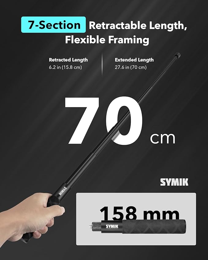 SYMIK Invisible Selfie Stick for Insta360 (70 cm/27.6 in), Aluminum Alloy Extension Stick Portable Extendable Monopod Pole with 1/4'' Screw and Wrist Strap for Insta 360 X5 X4 Air X3 ONE X2 Osmo 360