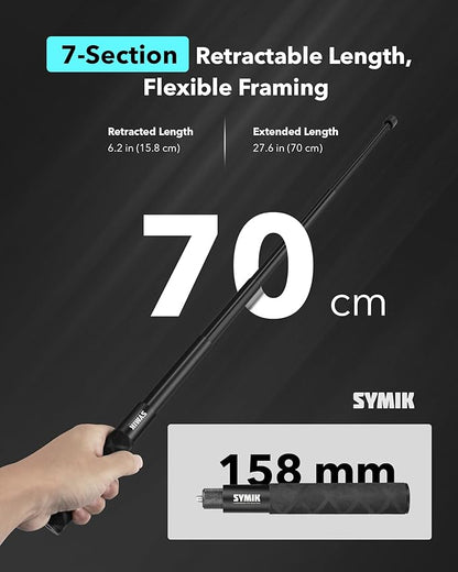 SYMIK Invisible Selfie Stick for Insta360 (70 cm/27.6 in), Aluminum Alloy Extension Stick Portable Extendable Monopod Pole with 1/4'' Screw and Wrist Strap for Insta 360 X5 X4 Air X3 ONE X2 Osmo 360