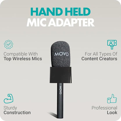 Movo WMX-HM Wireless Microphone Handle for Interviews – Handheld Adapter for DJI Mic, RODE Wireless GO, & More – Includes Mic Flag – for Creators, Journalists & Youtubers