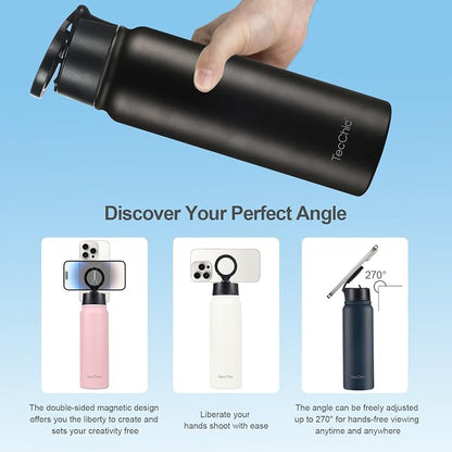 Insulated Water Bottle with Magnetic Phone Holder Compatible with MagSafe and iPhone,Double-Sided Magnet,Hot 12H Cold 24H,Stainless Steel Water Bottle Phone Mount for Sports Travel,27oz (Pink)
