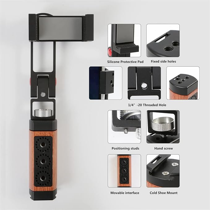 Foldable Smartphone Grip Mount with Wrist Strap, Compatible with 1/4” Standard Screw Selfie Stick for Tripod and Cold Shoe Port for Fill Light and Microphone, Compatible with All Smartphones