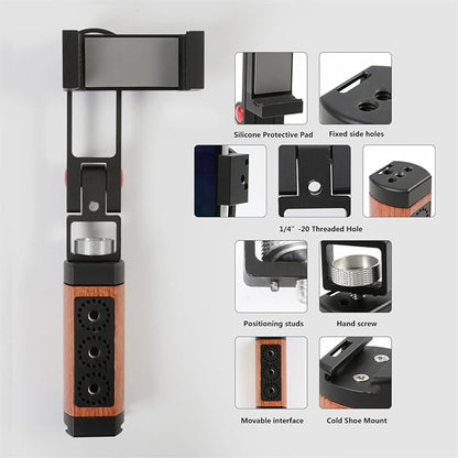 Foldable Smartphone Grip Mount with Wrist Strap, Compatible with 1/4” Standard Screw Selfie Stick for Tripod and Cold Shoe Port for Fill Light and Microphone, Compatible with All Smartphones