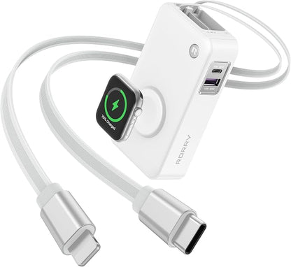 RORRY Portable Charger, 10,000mAh 30W Fast Charging Power Bank with Built-in Retractable Cables, Travel Battery Pack for iPhone 17/16/15/14/13/12, Apple Watch, iPad and More, White