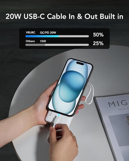 VRURC Power Bank for iPhone, 22.5W Portable Charger with Built-in Cables | 10000mAh USB C In & Out Cord Portable Phone Charger,Slim Lightweight Charging Bank Travel Essentail-White(1 Pack)