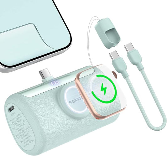 RORRY PalmGo Portable Charger Power Bank 10000mAh 3-in-1 Mini Battery Pack | Built-in USB-C Connector, 22.5W Fast Charging, for iPhone 17/16/15, Apple Watch, iPad, Travel Essential, Pocket Size