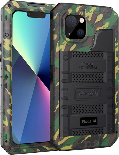 Beasyjoy for iPhone 13 Case Waterproof, Metal Phone Case with Built-in Screen Protector, Heavy Duty Full Body Protective Military Grade Shockproof Rugged Defender Cover 6.1 Inch, Camo