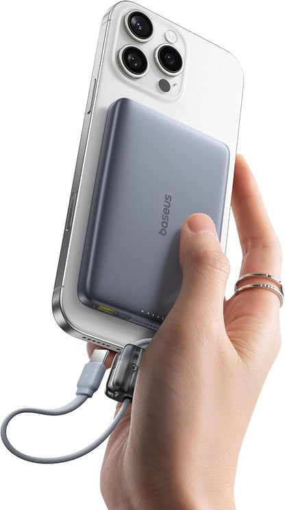 Baseus Picogo Qi2 15W Magsafe Portable Charger, 0.5" Ultra Slim 10000mAh Wireless Power Bank with 27W Built-in USB-C Cable, Magnetic Battery Pack for iPhone 17 Pro Max/17 Pro/Air/16/15/14/13/12