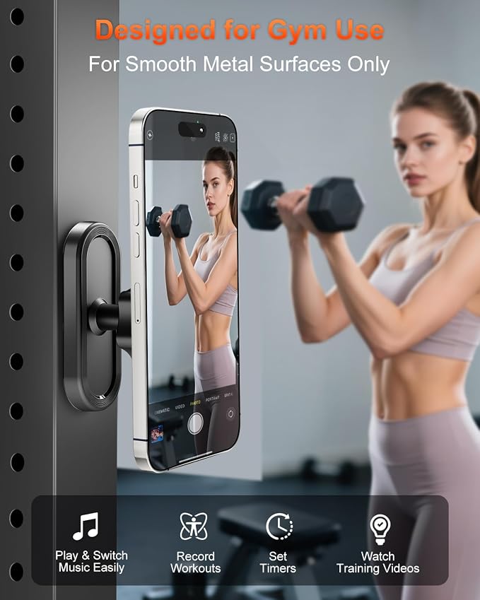 volport Gym Magnetic Phone Holder, Attaches to Metal Surfaces, Double Magnet Mount with 24 Strong Magnets, 360° Adjustable Ball Joint, for MagSafe iPhone 12-17, Gym Accessories for Workout Recording