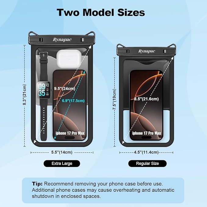 Rynapac [Up to 10" Large Waterproof Phone Pouch - 2 Pack IPX8 Waterproof Phone Case for iPhone 17 16 15 Pro Max Galaxy S26 Ultra, Touchscreen & Underwater Photography, Beach Cruise Travel Essentials