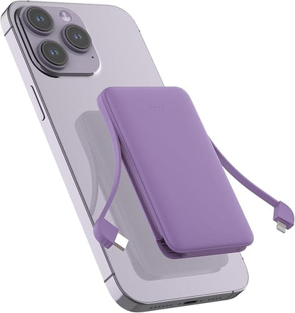 Sethruki Smallest Portable Charger with Built-in Cables 5000mAh,Ultra Slim Power Bank,Mini High Speed External Battery Packs,Lightweight USB C Phone Charger for iPhone Samsung Google Android (Purple)