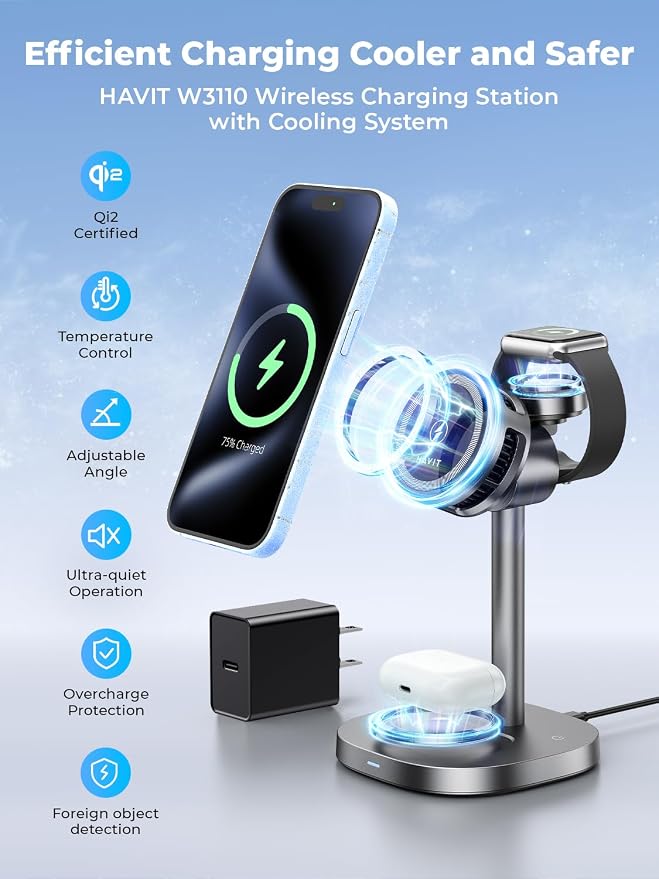 havit 3 in 1 Magnetic Wireless Charging Station, 15W Fast Charging Stand with Cooling Fan, Adjustable Phone Holder, Strong Magnet Charger for iPhone, Apple Watch & AirPods, 45W Adapter Included