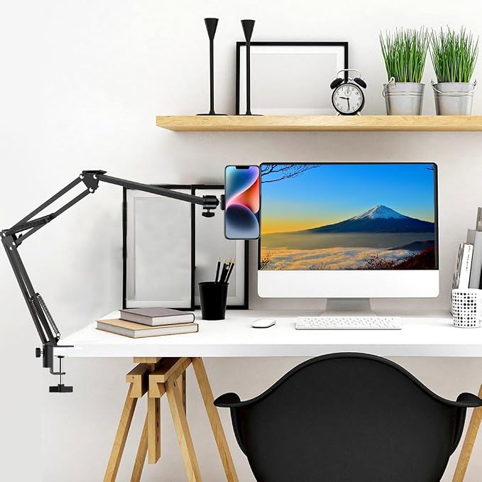 Overhead Tripod Mount for Camera Webcam Ring Light, Long Over Head Articulating Arm with Phone Holder and Ball Head, Desktop Lazy Arm Clamp Phone Stand Accessory for Live Streaming,Video Recording