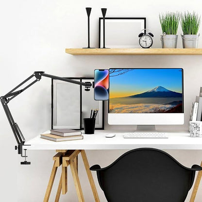 Overhead Tripod Mount for Camera Webcam Ring Light, Long Over Head Articulating Arm with Phone Holder and Ball Head, Desktop Lazy Arm Clamp Phone Stand Accessory for Live Streaming,Video Recording