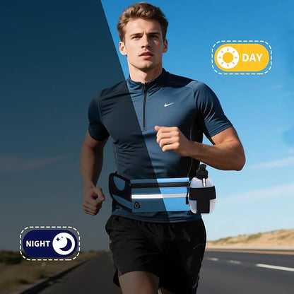 Fanny Pack with Water Bottle Holder for Running Hiking Hydration Marathon Exercise Outdoor, Slim Running Belt for Men Waterproof Waist Bag for Women Girls Kids Cell Phone iPhone Carrier Blue