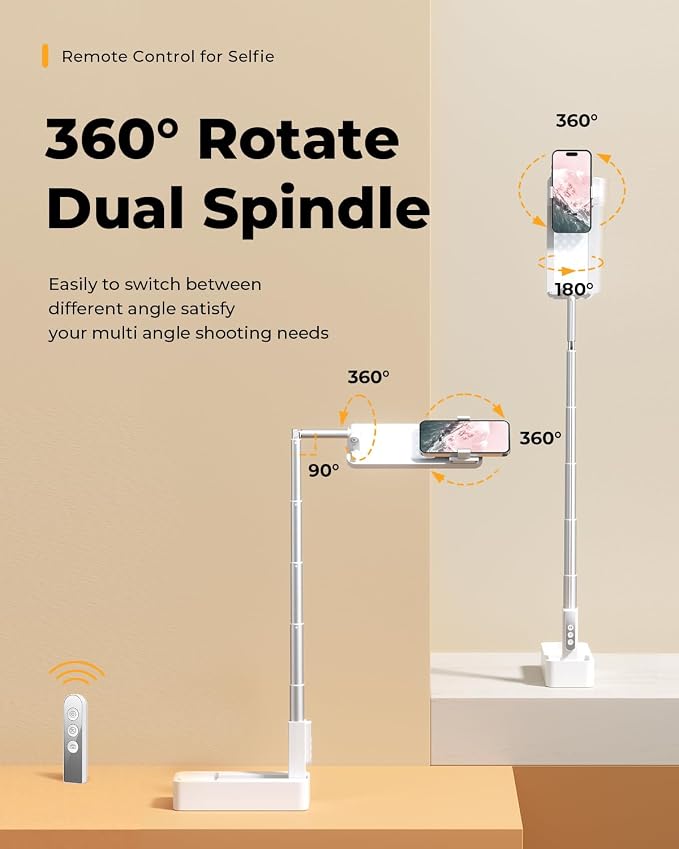 Phone Stand for Recording, Overhead Phone Mount with Light, Selfie Stand,Portable,Extendable,360° Rotate,Adjustable,Wireless Remote,Rechargeable, for 3.5-6.9" Phones, Live Streaming, White