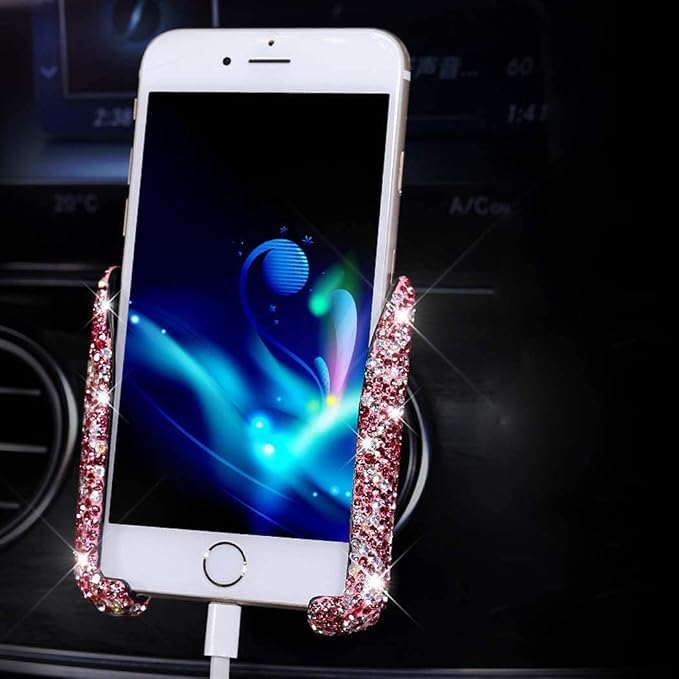 SUNCARACCL Bling Car Phone Holder - Mini Dash Air Vent Automatic Phone Mount - Universal 360Adjustable Crystal Auto Car Stand - Pink