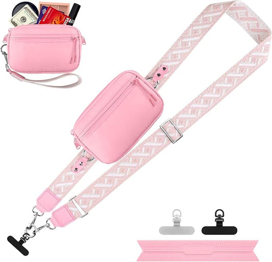 YFWE Clip and Go Strap for Phone with Wallet Crossbody, Adjustable Phone Lanyard with Detachable RFID Wristlet Wallet, Pattern Strap, Pink(M)