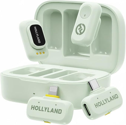 Hollyland Lark A1 Wireless Mini Microphone for iPhone & Android, 48kHz/24-bit, 3-Level Intelligent Noise Cancel, Microphone for YouTube, Podcast, Vlogging (Green, 2TX + 2RX + Charging Case)