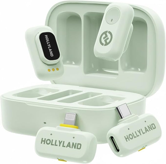 Hollyland Lark A1 Wireless Mini Microphone for iPhone & Android, 48kHz/24-bit, 3-Level Intelligent Noise Cancel, Microphone for YouTube, Podcast, Vlogging (Green, 2TX + 2RX + Charging Case)