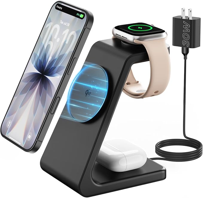 Qi2 15W Charging Station for iPhone 17: JoyGeek 3-in-1 Fast Wireless & Magnetic Charger for Magsafe, iPhone 17-12, Apple Watch Ultra 2-11 & AirPods 2-4, Includes 30W PD Adapter