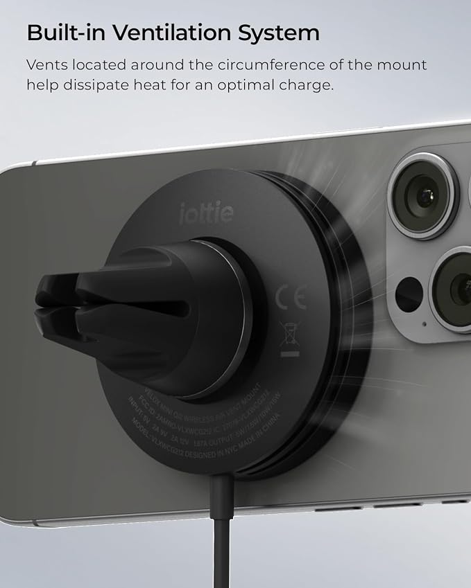 iOttie Velox Qi2 Mini Wireless Charging Car Mount - MagSafe Compatible Air Vent Phone Mount with 15W Charging for Qi2-enabled Smartphones Including iPhone 12, 13, 14, 15 and 16. Car Charger Included.