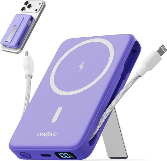 No More Forget Cables! 10000mAh Ultra Slim Magnetic Power Bank, Built-in USB-C & iPhone Cable, 20W Portable Charger with Foldable Stand, for iPhone 17/16/15/14/13/12 Series