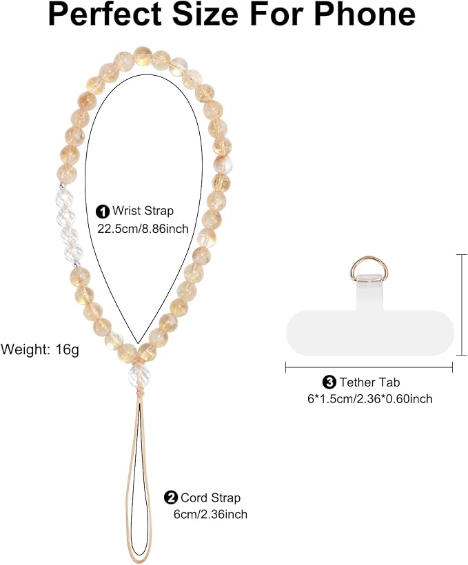 TEAMOLA Natural Stone Phone Charm, Handmade Crystal Cellphone Chain for Universal, Beaded Healing Anti Theft Phone Wrist Strap with Tether Tab, Citrine & Clear Quartz